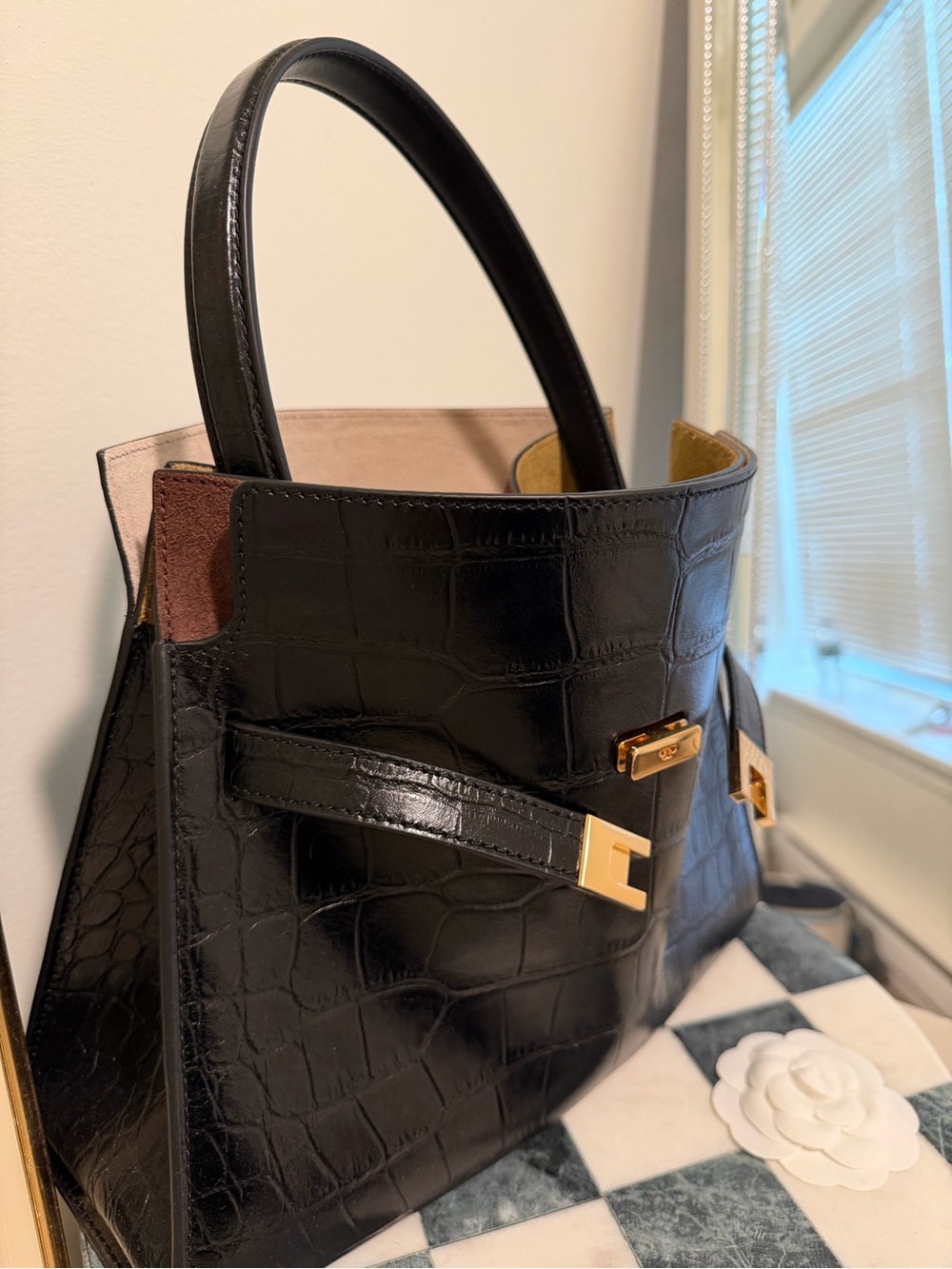 Tory Burch Black Croc-Embossed Top-Handle Bag with Gold Hardware - Picture 6 of 8